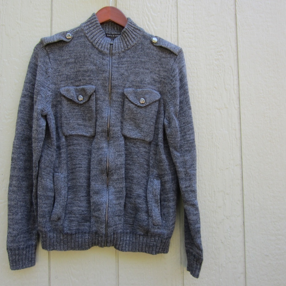 Rock & Republic Jacket Sweater Gray Long Sleeve Full Zip Men's L‎ Pockets Comfy